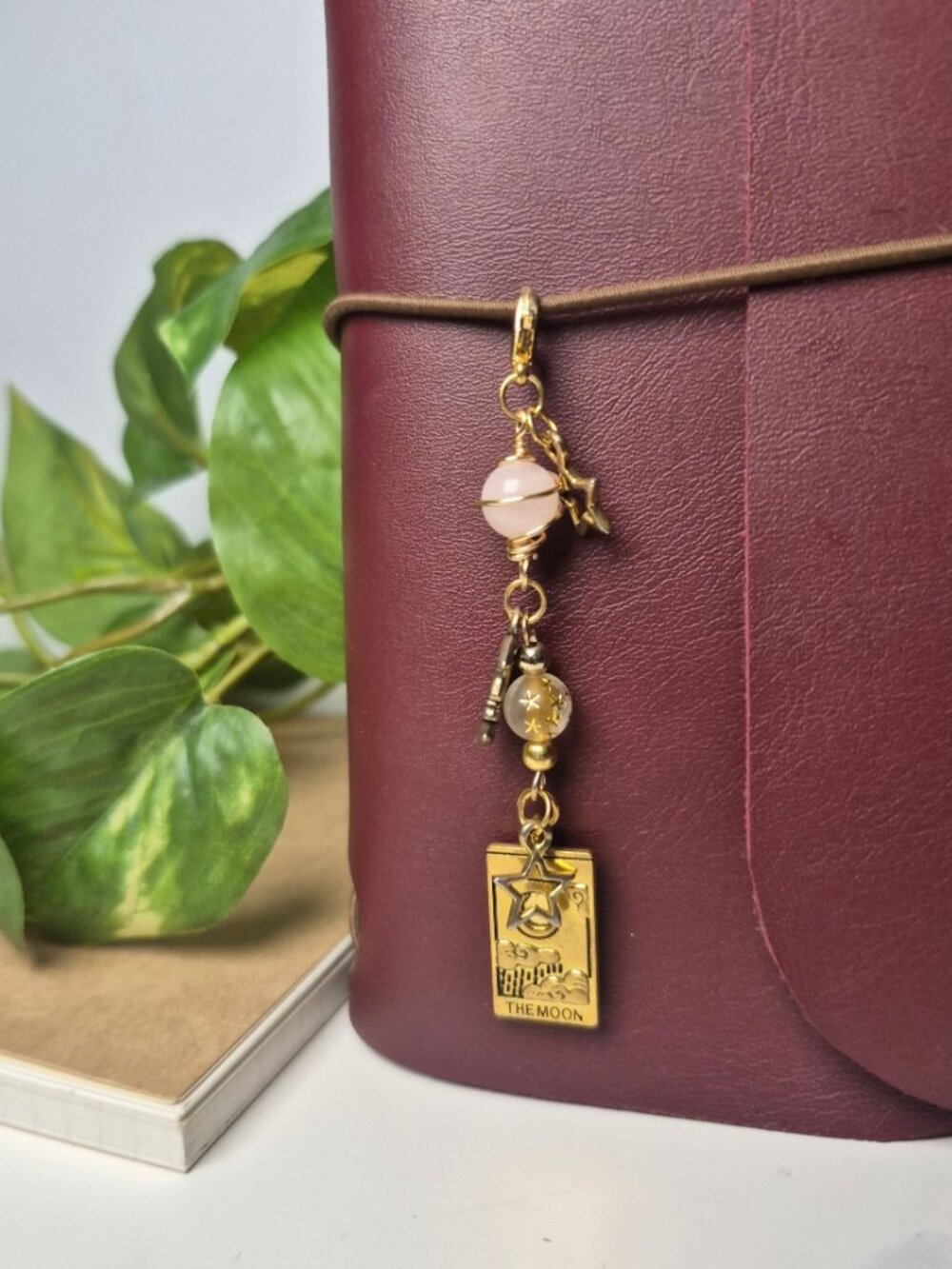 Gold Moon Tarot Charm Pendant with Rose Quartz